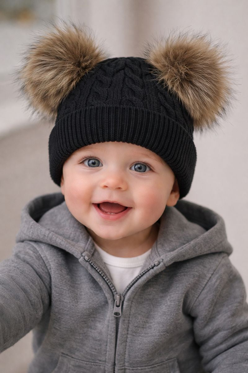 Cable knit personalised double pom hat - various colours