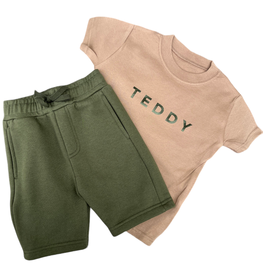 Taupe / Khaki Personalised T-shirt & Short Set Block Name