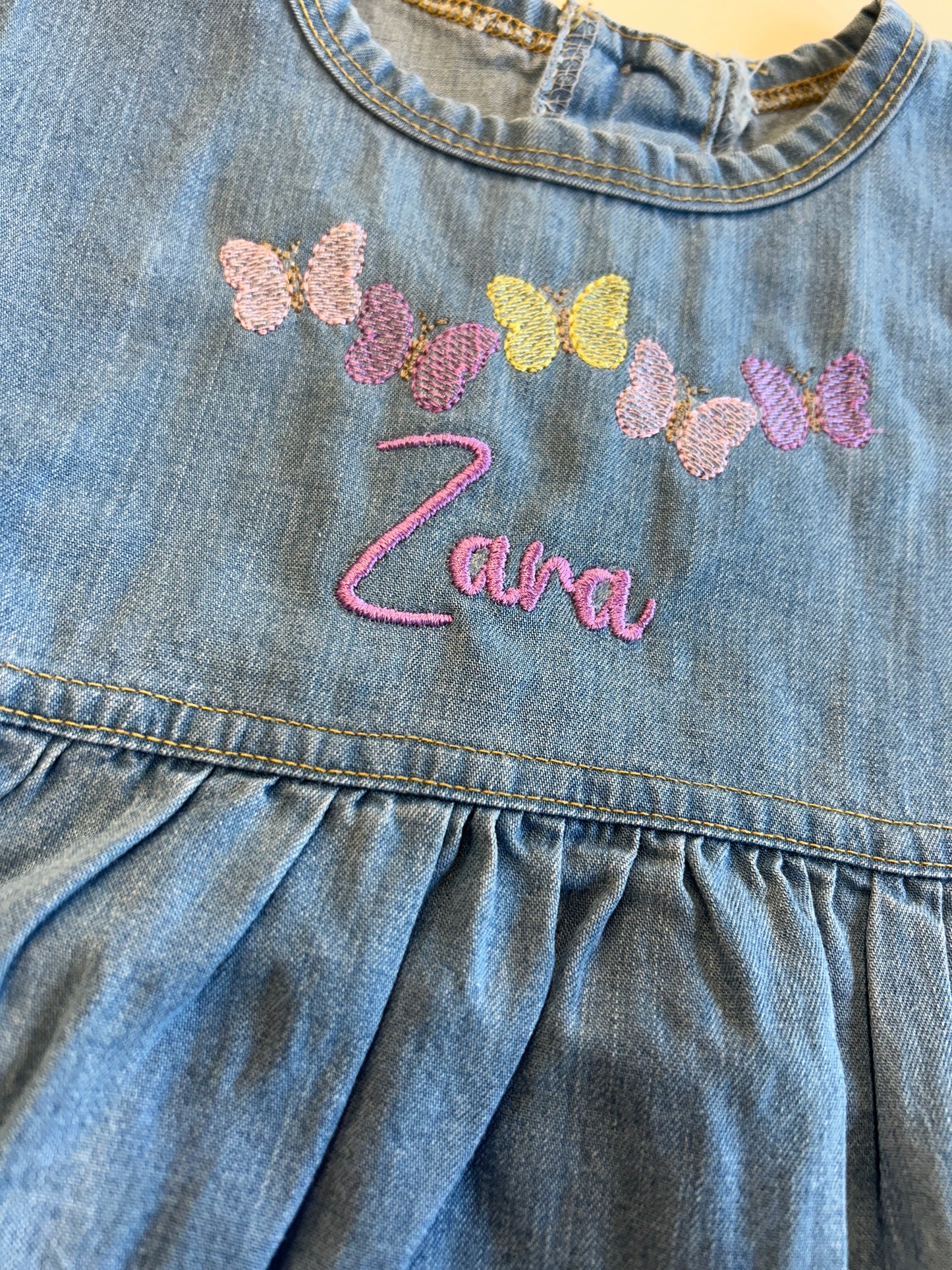 Butterfly embroidered Personalised Kids Denim Dress