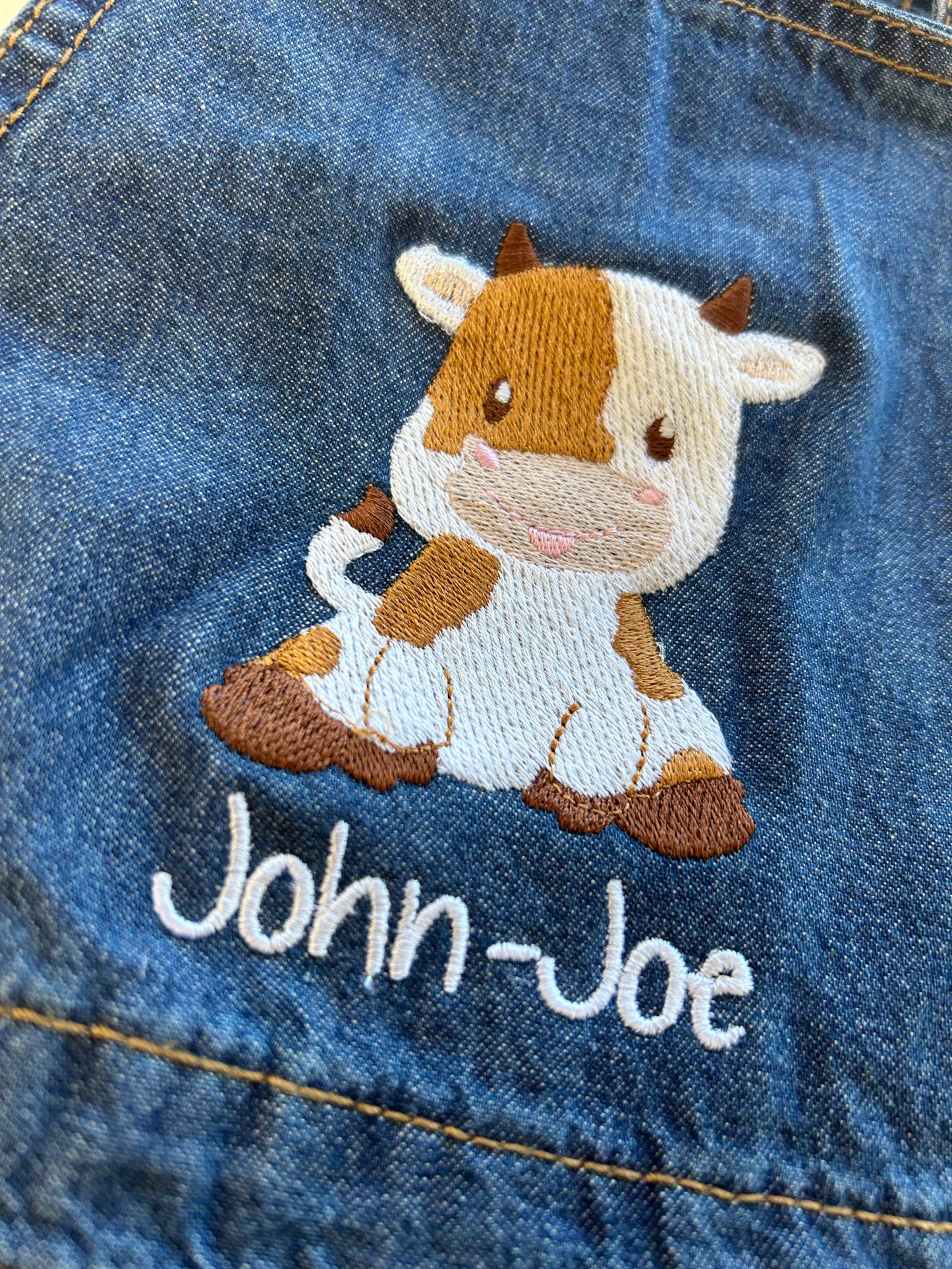 Kids Denim Dungarees Personalised Cow & Name design