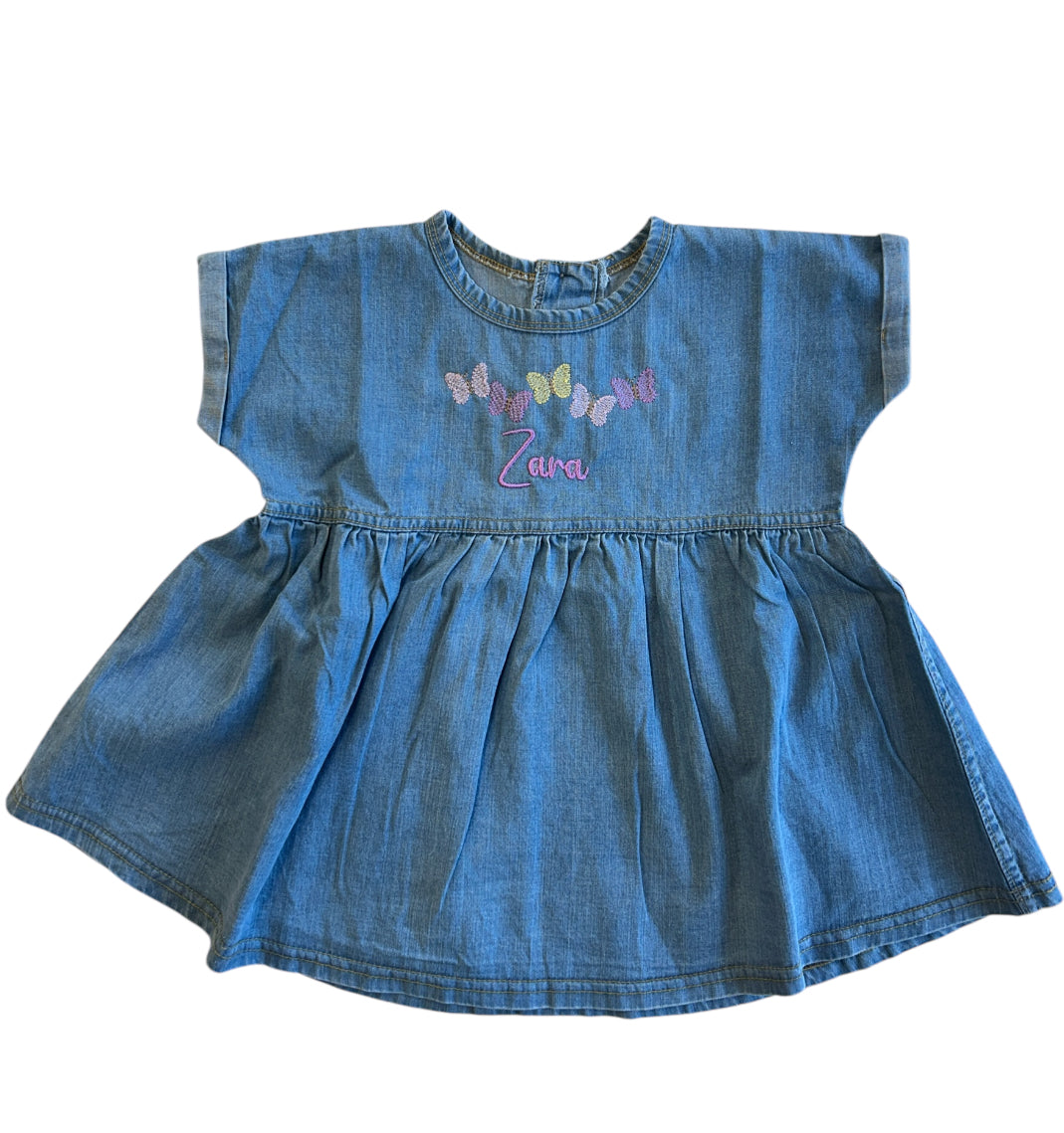 Butterfly embroidered Personalised Kids Denim Dress