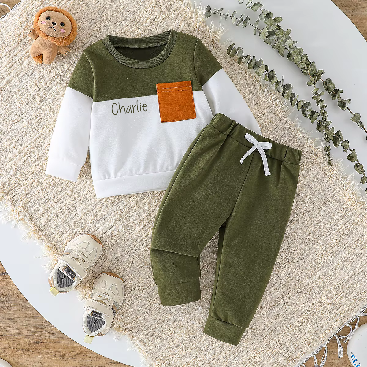Sweater Tracksuit set khaki/white personalised kids name