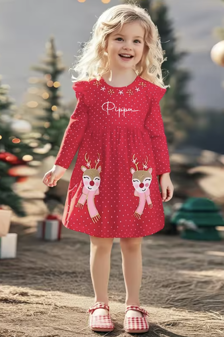 Deer Polka dot Christmas personalised kids Dress