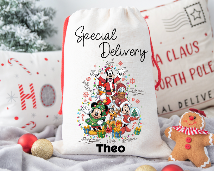 Mickey & Friends personalised Christmas Gift present Bag/Sack Drawstring