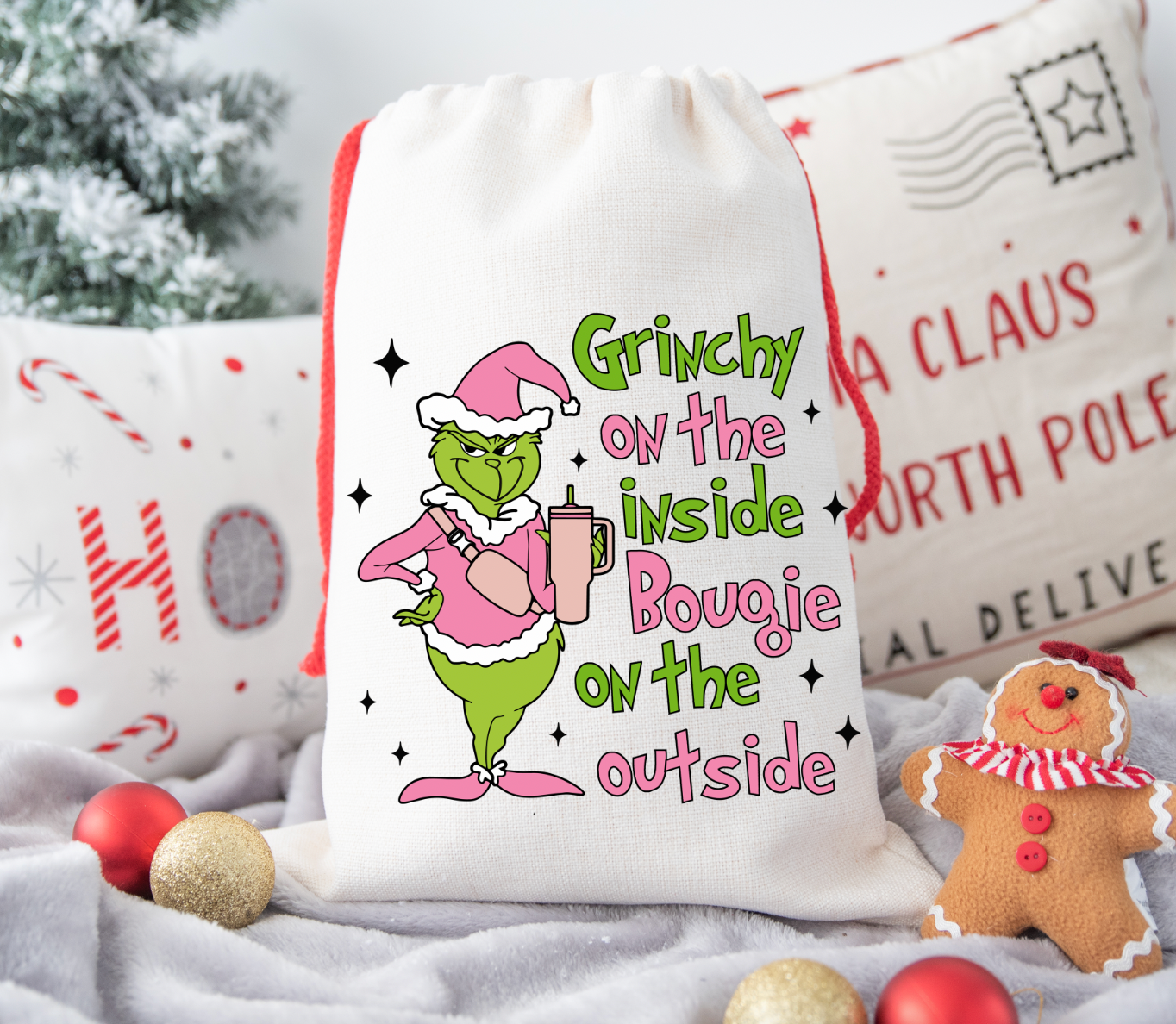 Pink Grinch personalised Christmas Gift present Bag/Sack Drawstring