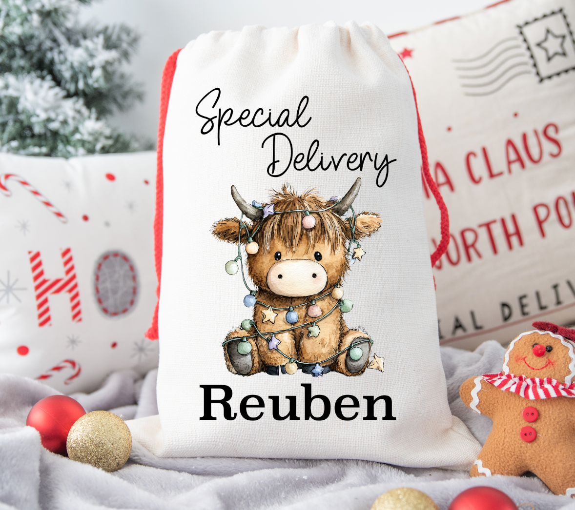 Highland Cow personalised Christmas Gift present Bag/Sack Drawstring
