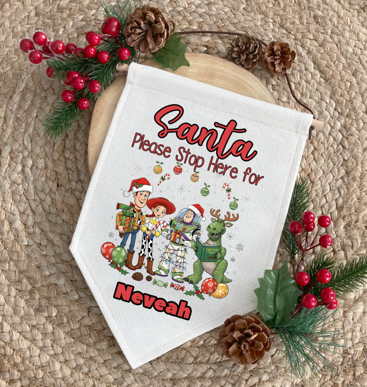 Toy Story Personalised "Santa Please Stop here" Fabric Pennant Sign