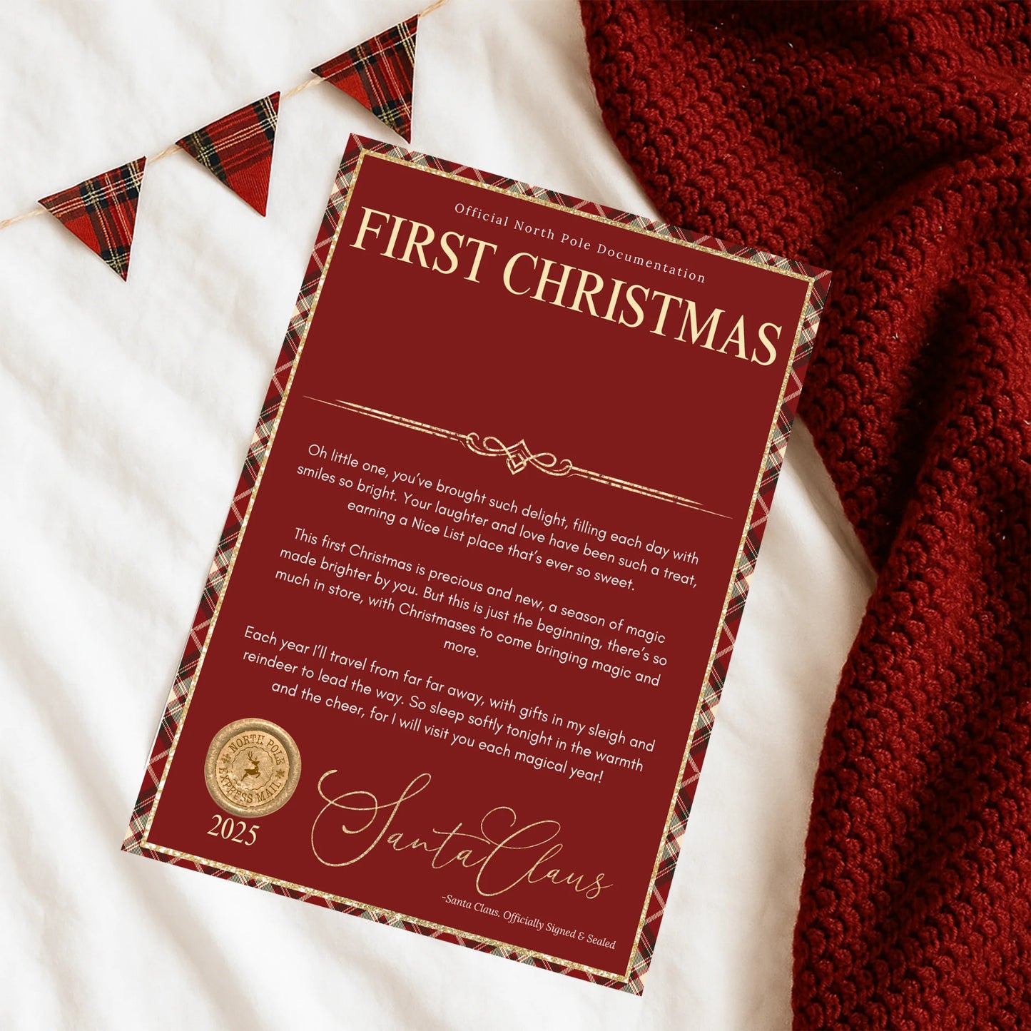Red & Tartan Official Nice List personalised kids First Christmas Santa letter