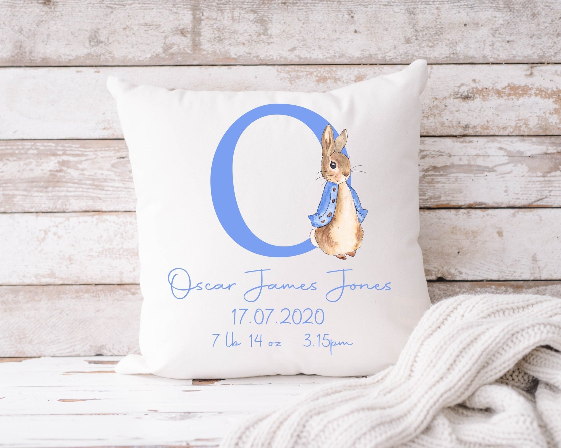 Blue Rabbit & Initial Cushion 40x40cm