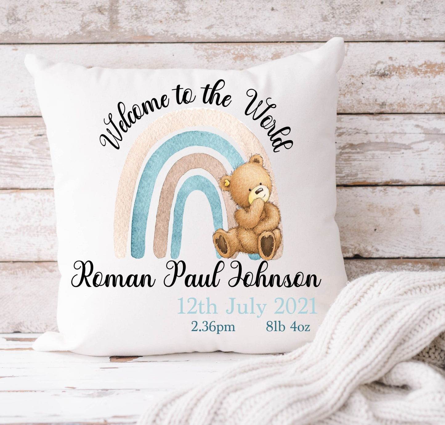 Blue Rainbow Bear Cushion 40x40cm