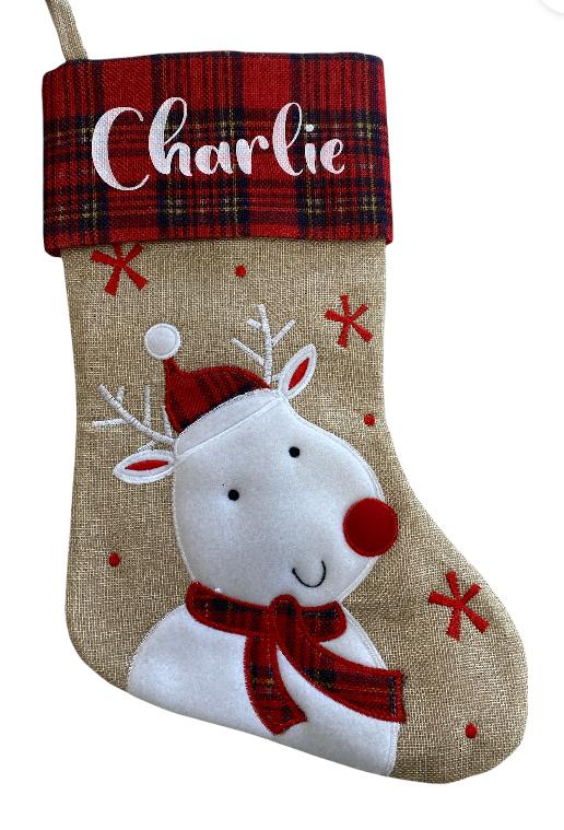 Christmas Stocking - Hessian & Tartan- Snowman, Reindeer & Santa designs