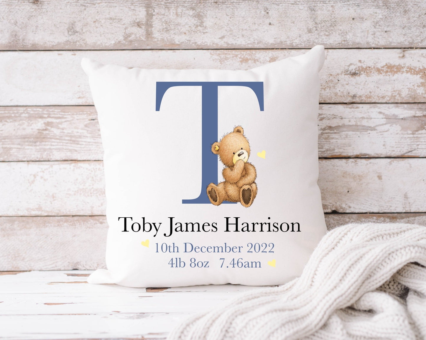 Initial with Bear Cushion 40x40cm - Blue