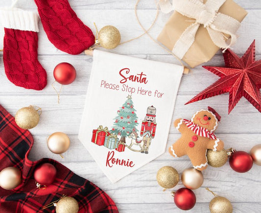 Personalised "Santa Please Stop here" Fabric Pennant Sign - Design 7