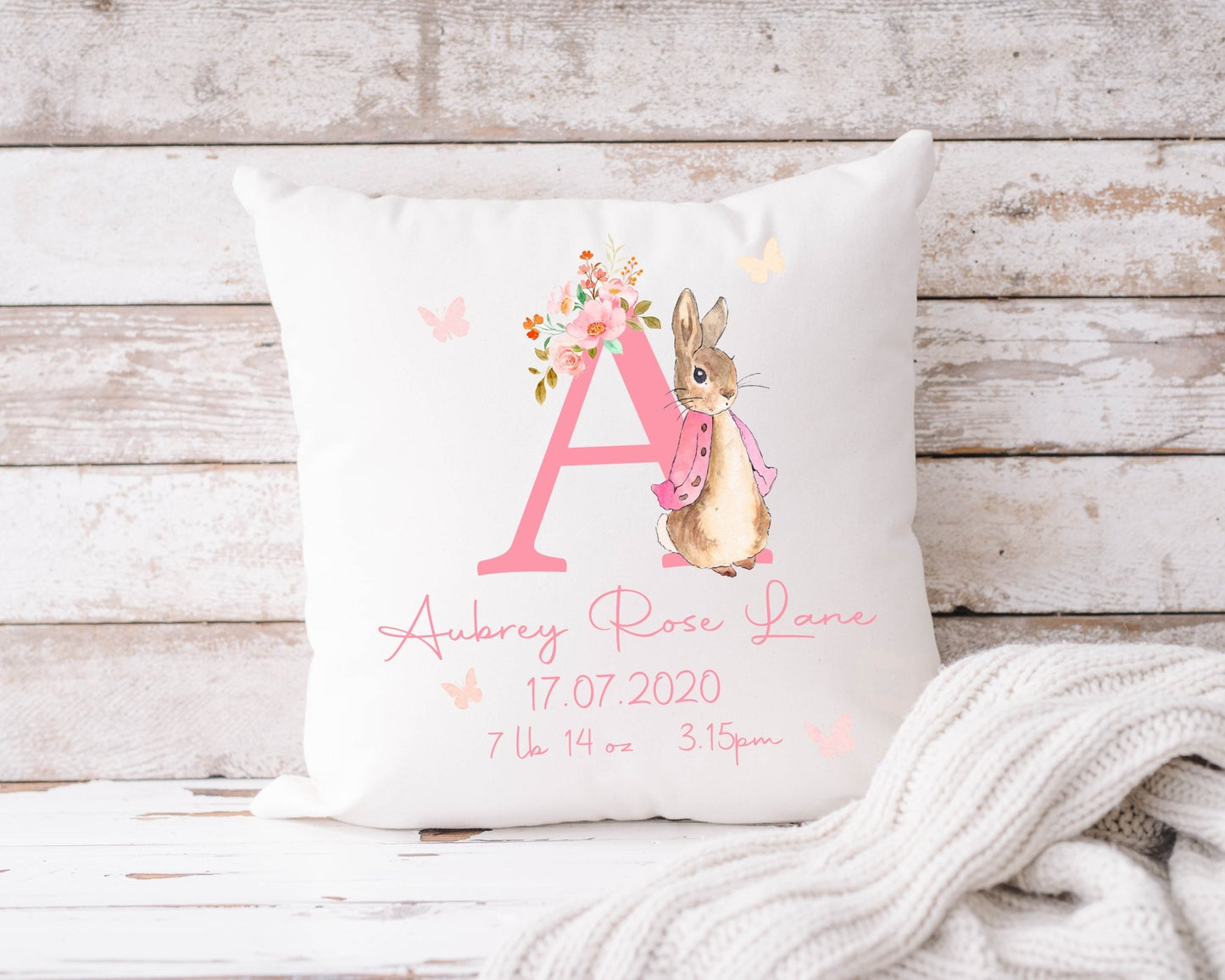 Pink Rabbit & Initial Cushion 40x40cm