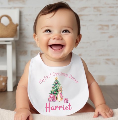 Pink Rabbit My First Christmas Personalised Pull on Bib