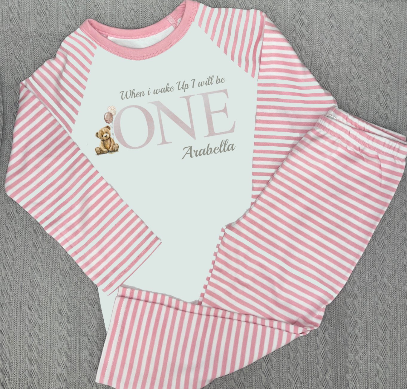 When I Wake Up Personalised pink stripe Birthday Pyjamas Pjs