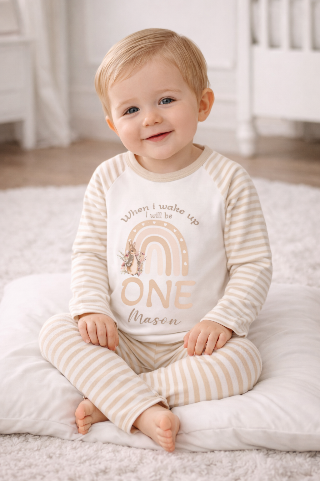 Taupe stripe personalised rabbit design birthday pyjamas