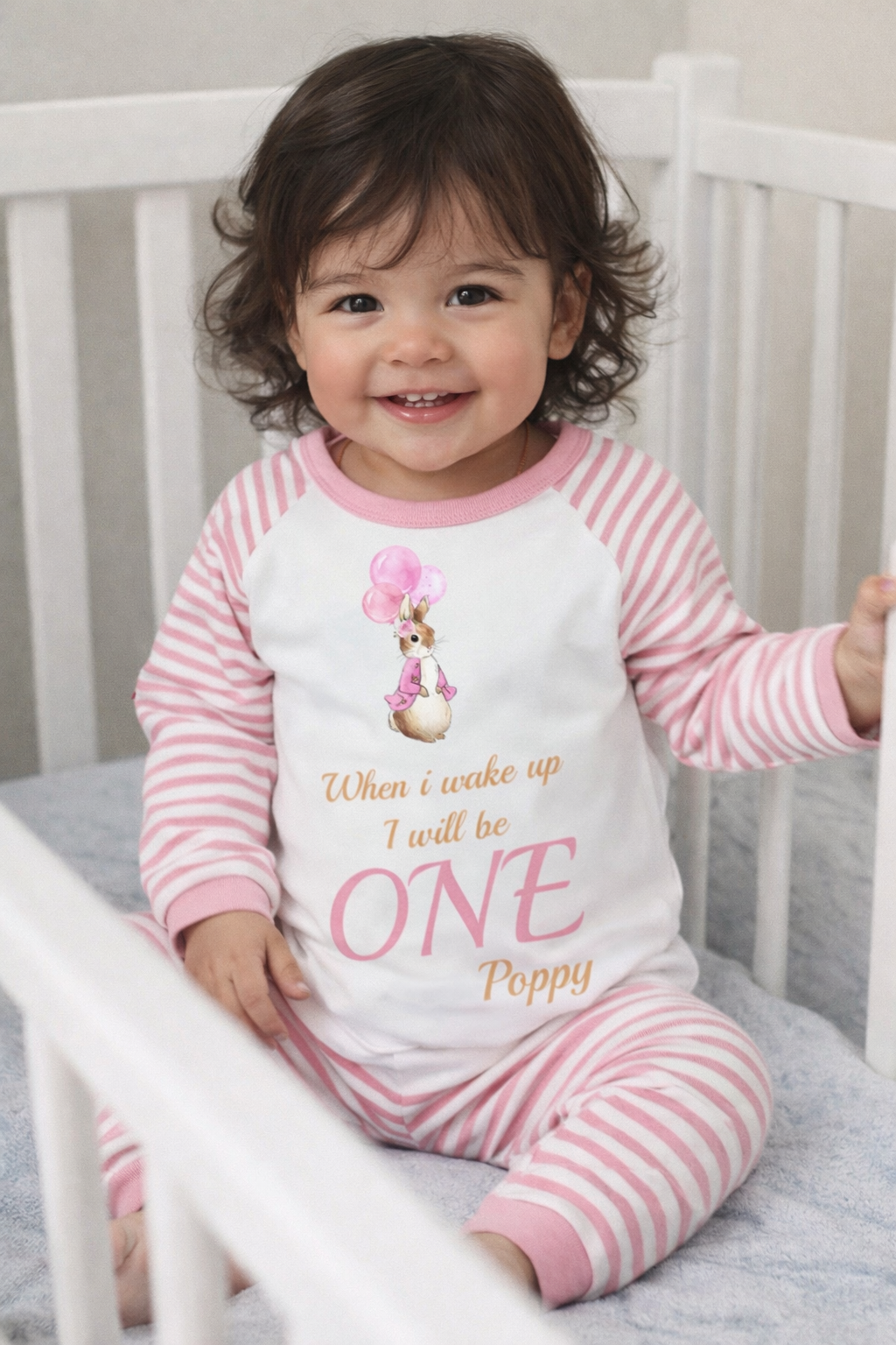 Pink Rabbit When I Wake Up Personalised pink stripe Birthday Pyjamas Pjs