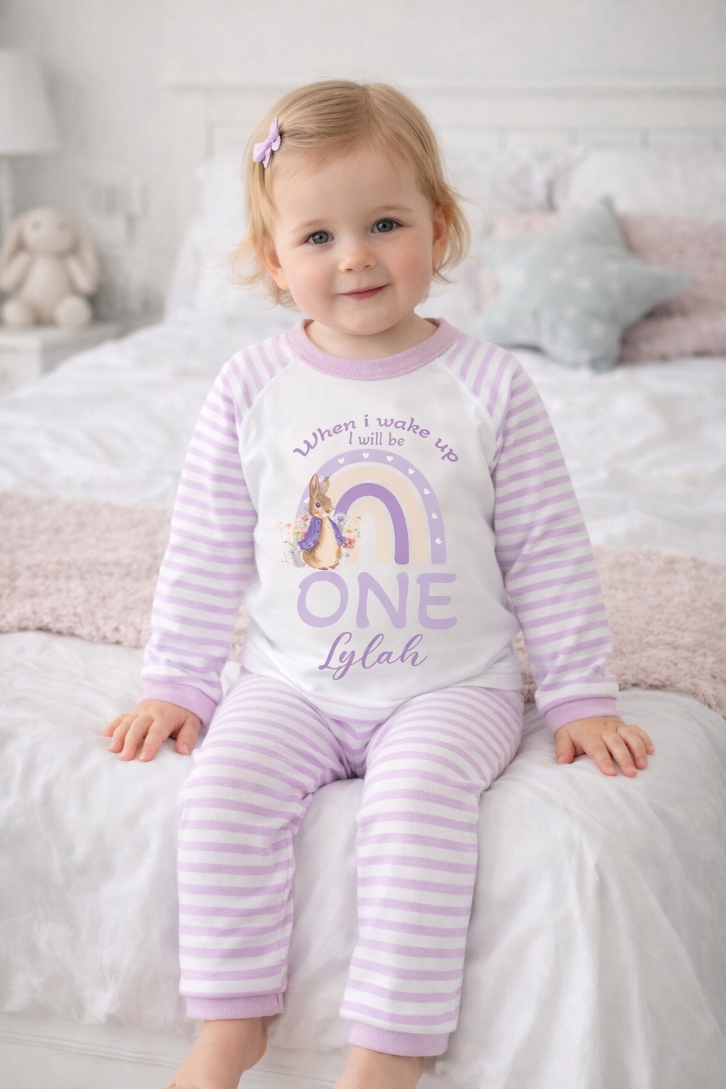 Lilac stripe personalised rabbit design birthday pyjamas