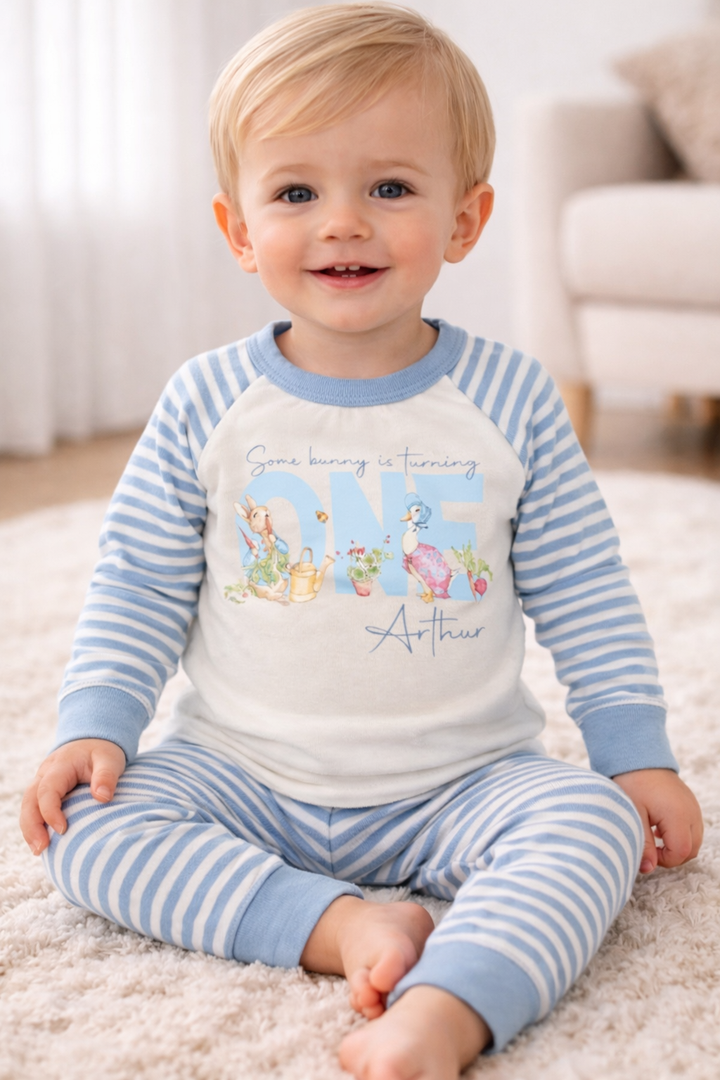 Rabbit When I Wake Up Personalised blue stripe Birthday Pyjamas Pjs