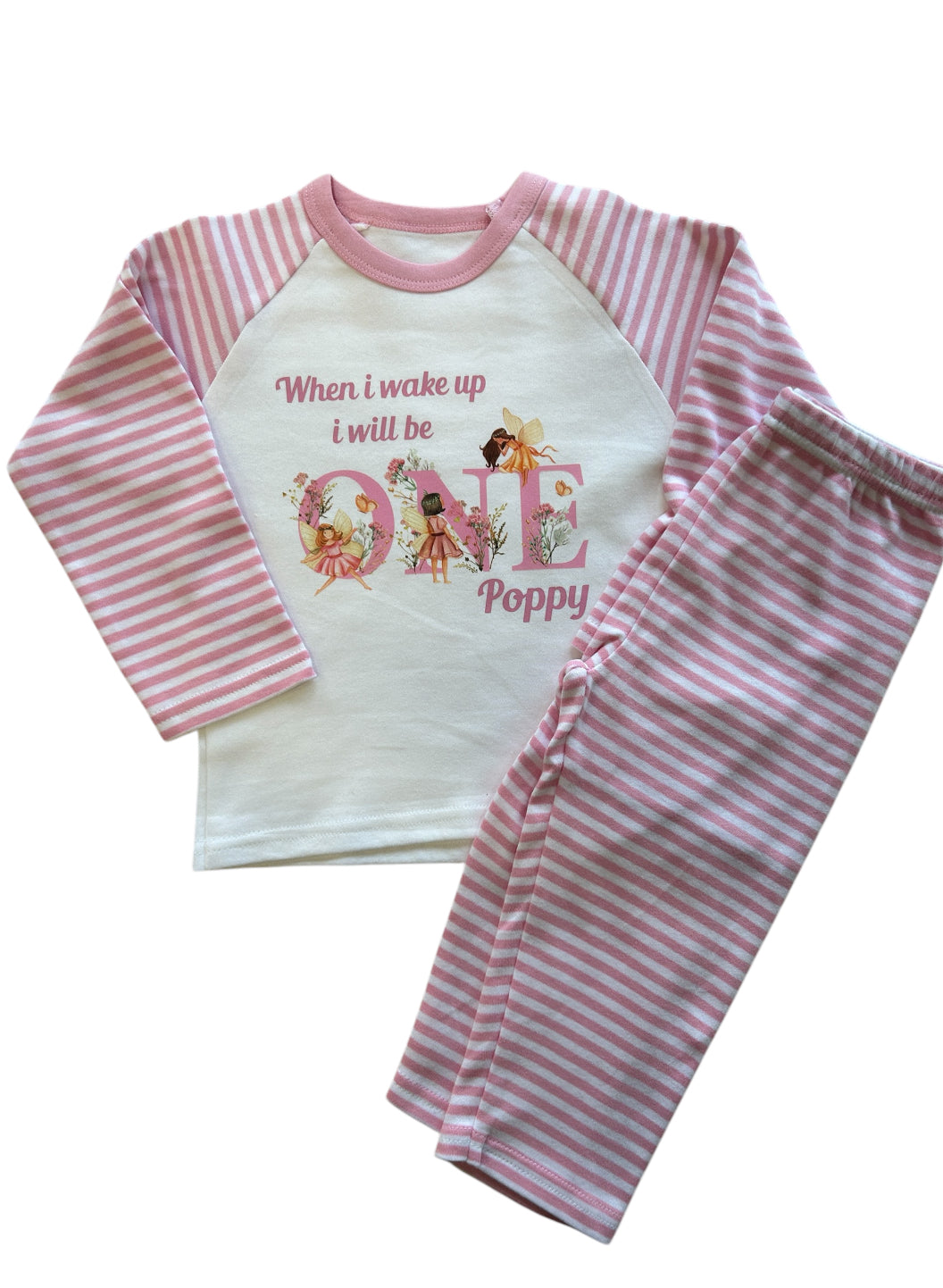 Fairy's When I Wake Up Personalised pink stripe Birthday Pyjamas Pjs