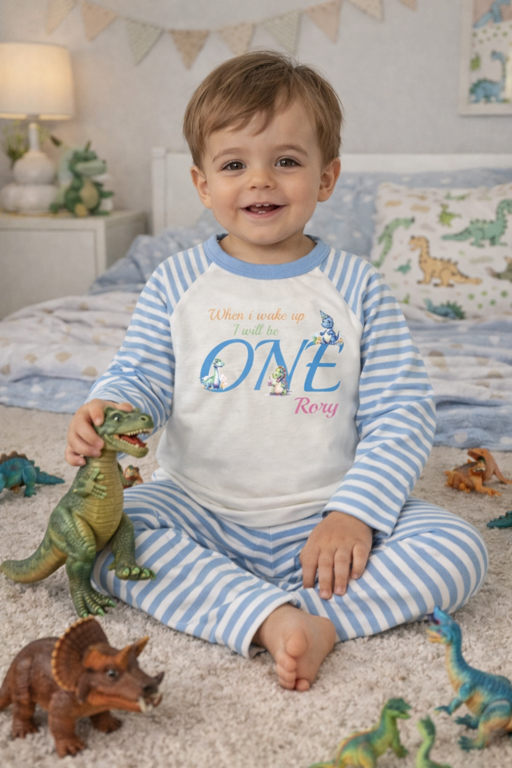 Dinosaurs When I Wake Up Personalised blue stripe Birthday Pyjamas Pjs