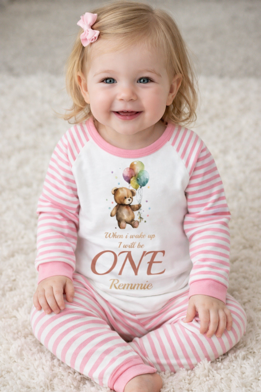 Balloons When I Wake Up Personalised pink stripe Birthday Pyjamas Pjs