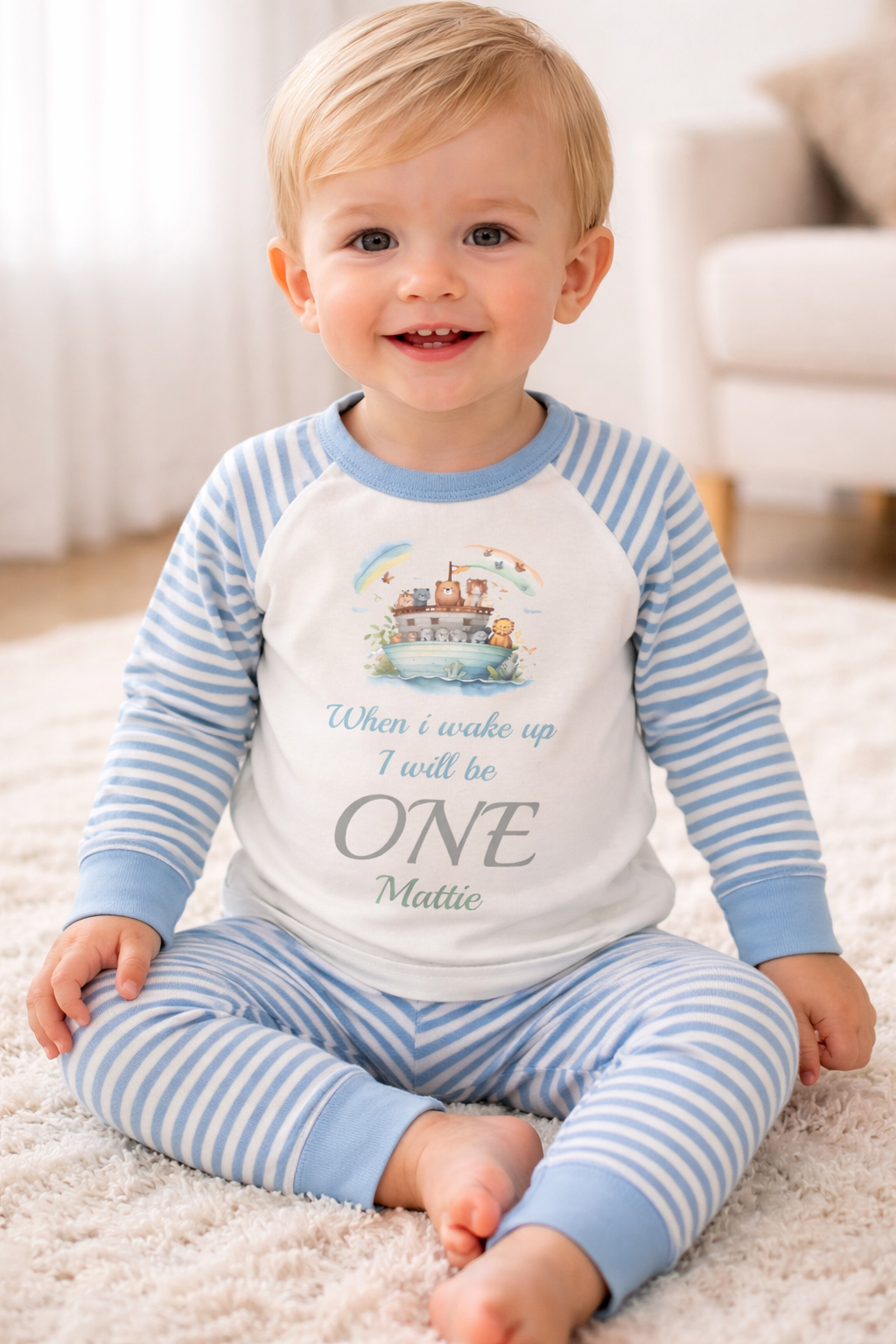 Arc When I Wake Up Personalised blue stripe Birthday Pyjamas Pjs