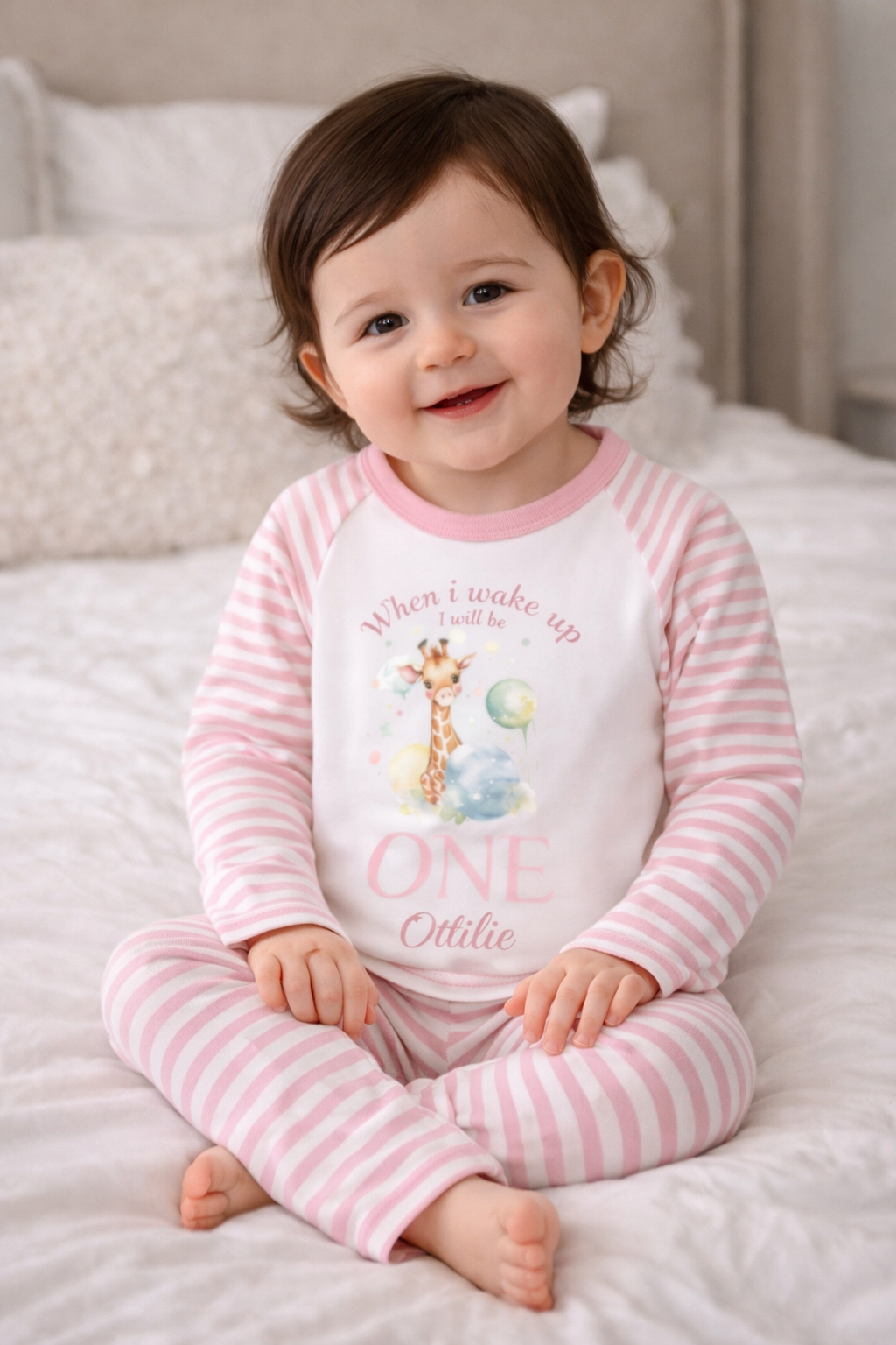 Giraffe When I Wake Up Personalised pink stripe Birthday Pyjamas Pjs
