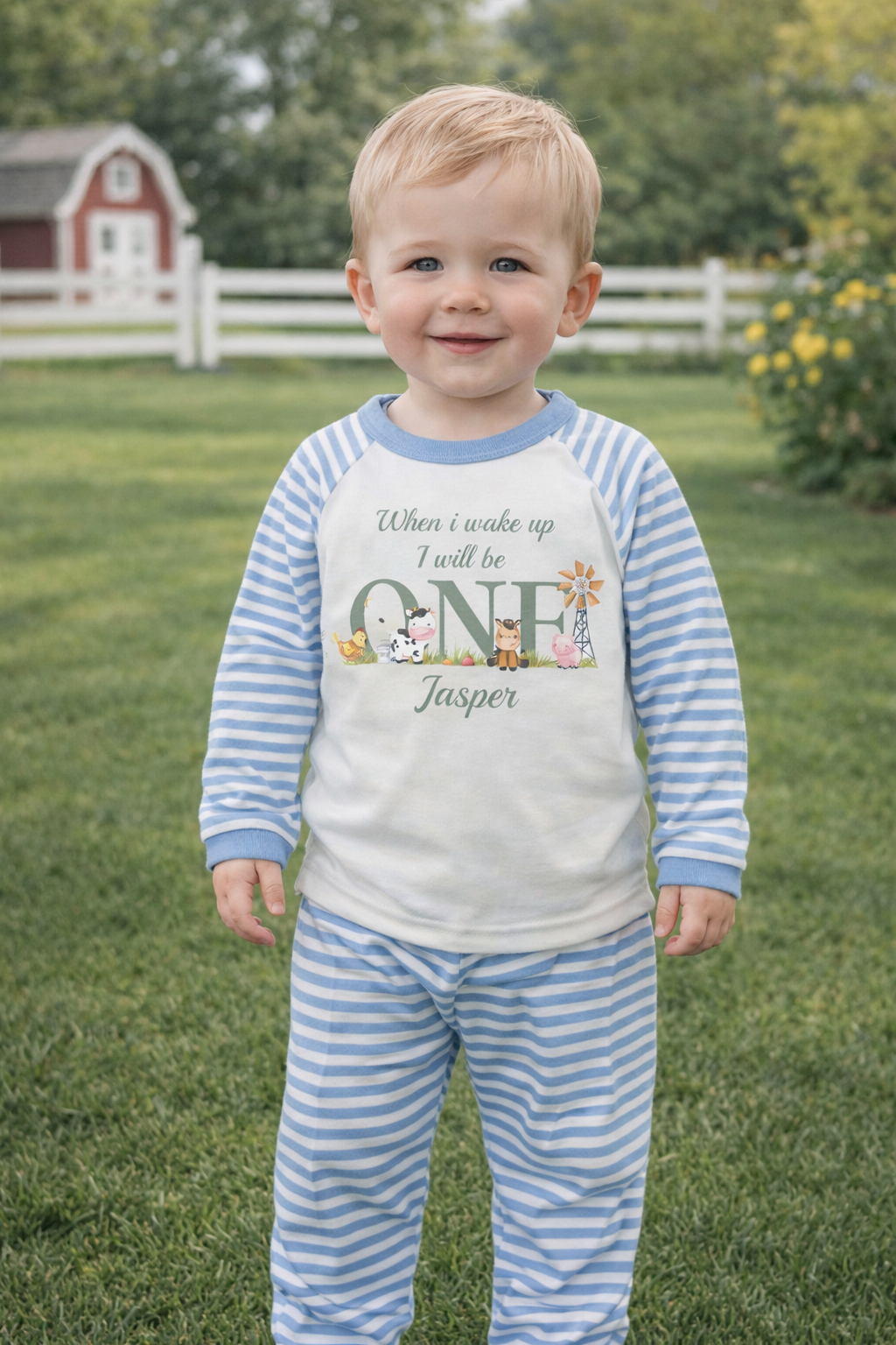 Farmyard When I Wake Up Personalised blue stripe Birthday Pyjamas Pjs