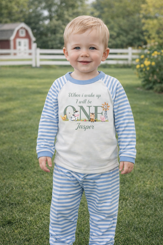 Farmyard When I Wake Up Personalised blue stripe Birthday Pyjamas Pjs