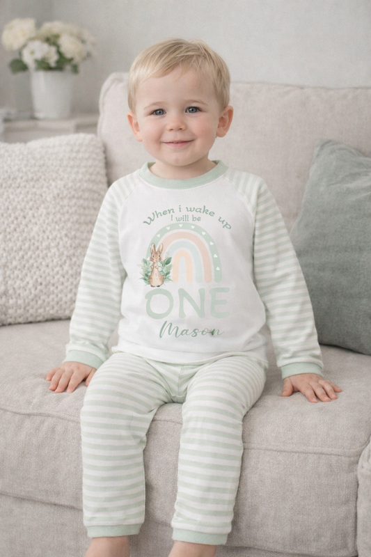 Sage Green stripe personalised rabbit design birthday pyjamas