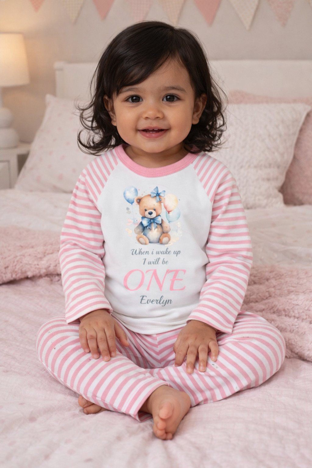 Teddy When I Wake Up Personalised pink stripe Birthday Pyjamas Pjs