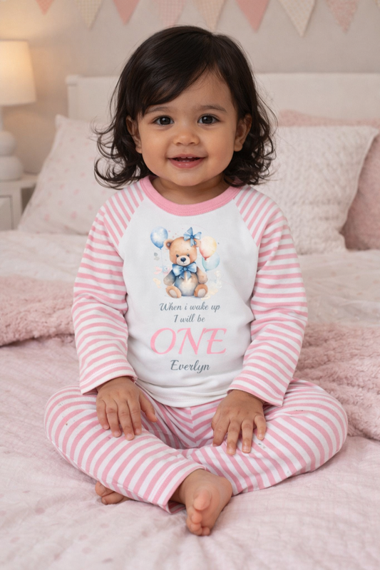 Teddy When I Wake Up Personalised pink stripe Birthday Pyjamas Pjs