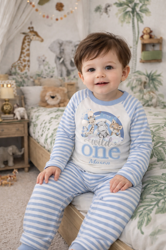 Rainbow When I Wake Up Personalised blue stripe Birthday Pyjamas Pjs