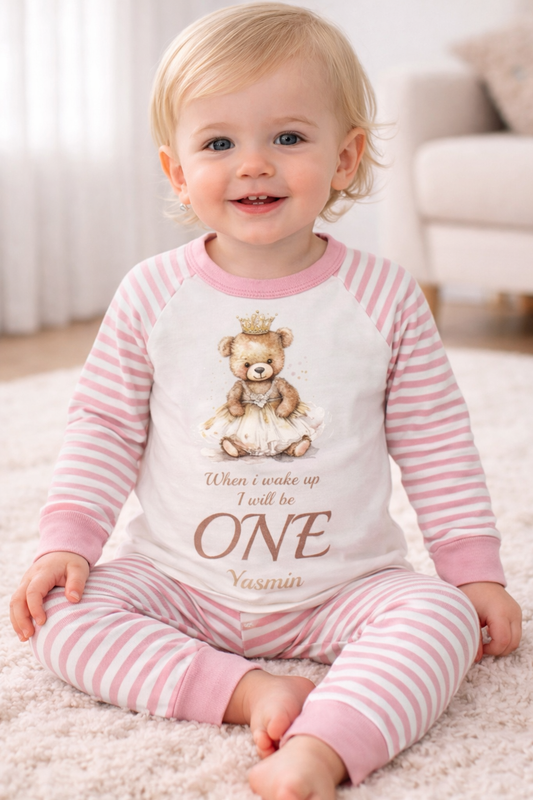 When I Wake Up Personalised pink stripe Birthday Pyjamas Pjs teddy design