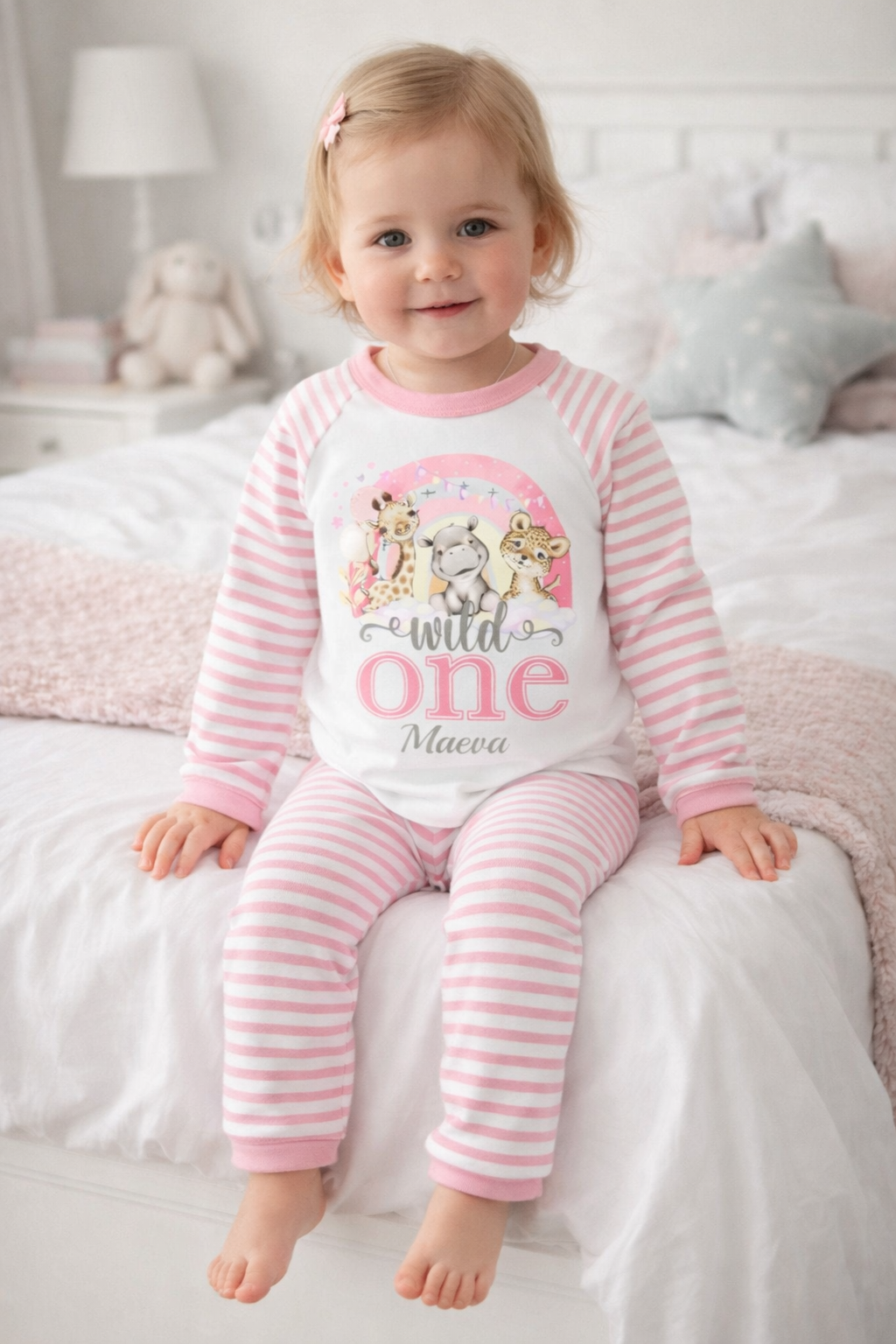 Rainbow When I Wake Up Personalised pink stripe Birthday Pyjamas Pjs