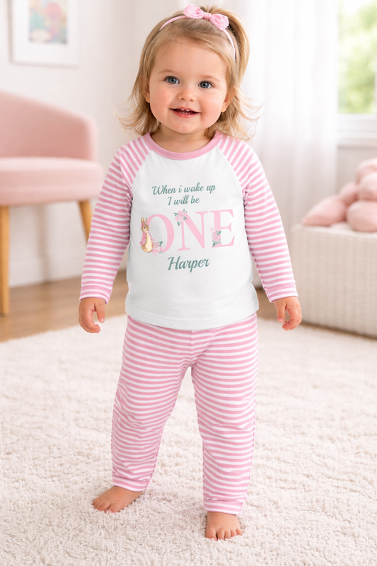 Pink Rabbit & flowers When I Wake Up Personalised pink stripe Birthday Pyjamas Pjs