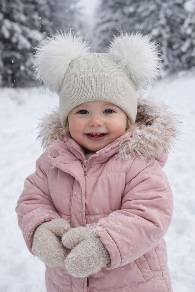 Beige kids personalised 1-4 years Double Pom hat