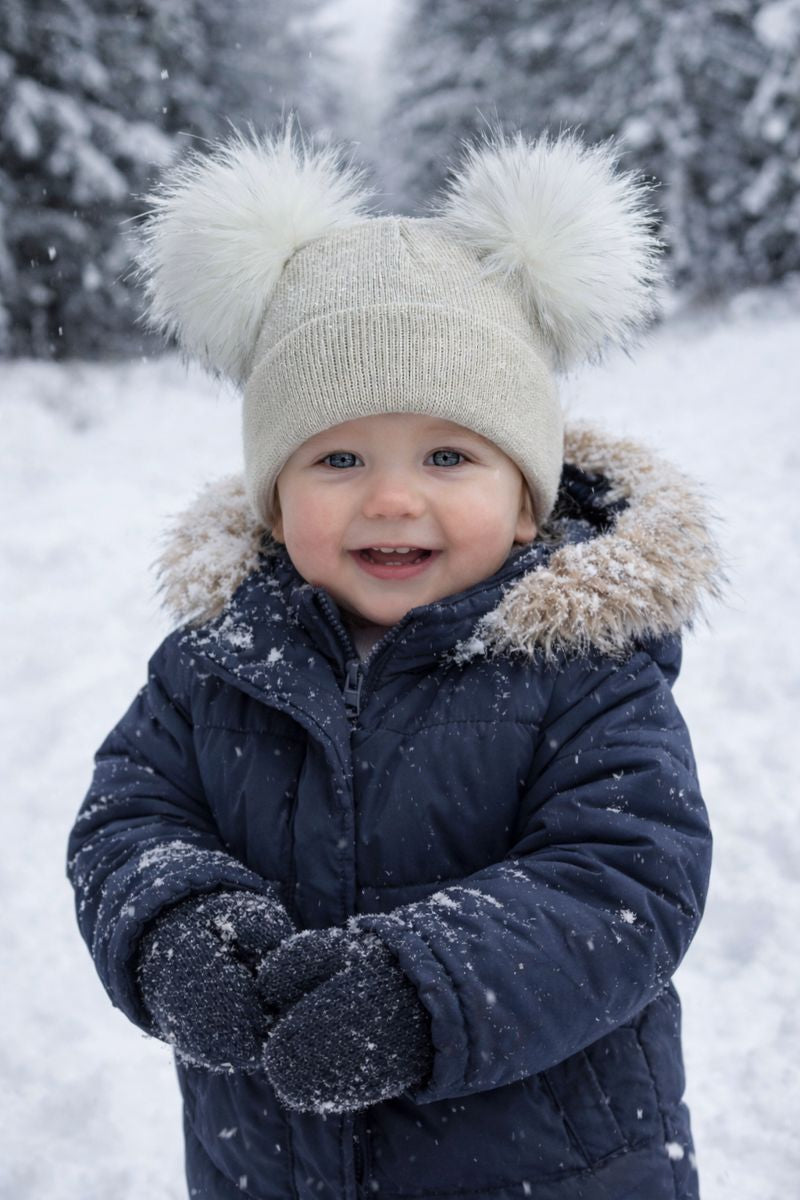 Beige kids personalised 1-4 years Double Pom hat