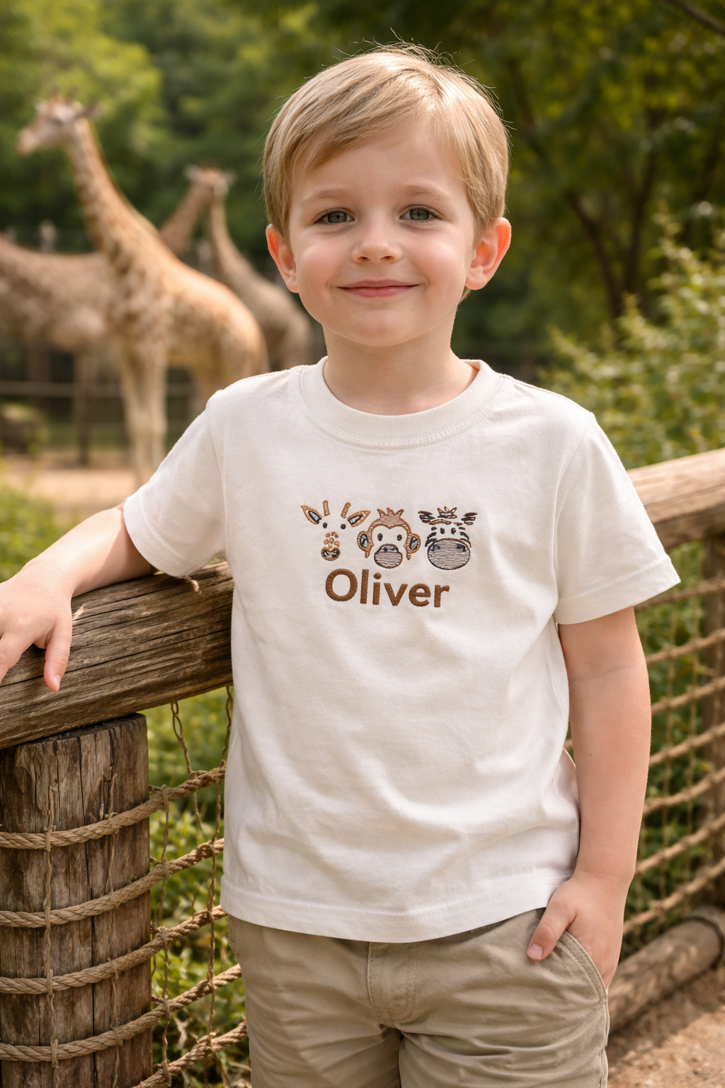 Safari trio embroidered personalised kids T-Shirt