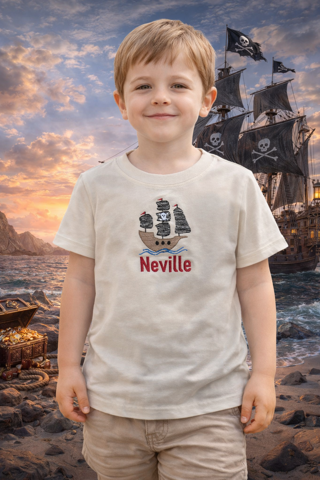 Pirate Ship embroidered personalised kids T-Shirt
