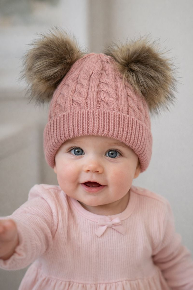 Cable knit personalised double pom hat - various colours