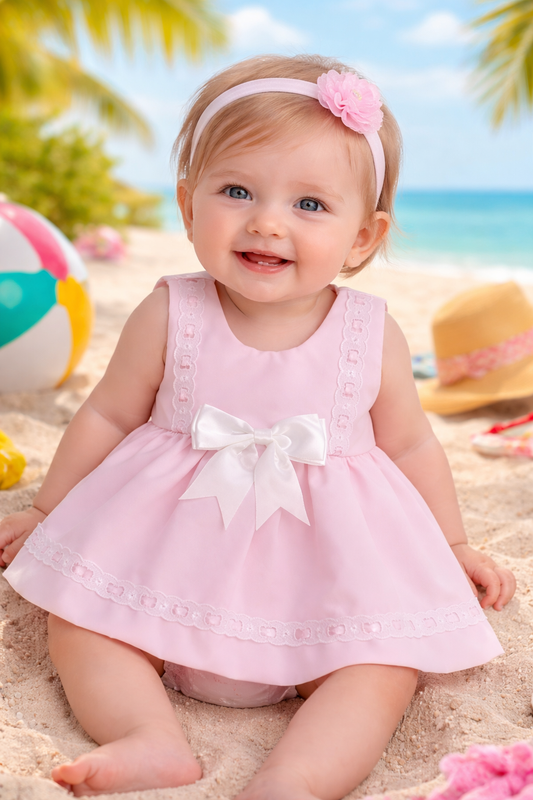 Baby Girls Spanish Dress with bow & Bloomers  - PINK
