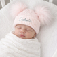 Pink baby personalised Double Pom hat - First Size