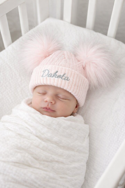 Pink baby personalised Double Pom hat - First Size