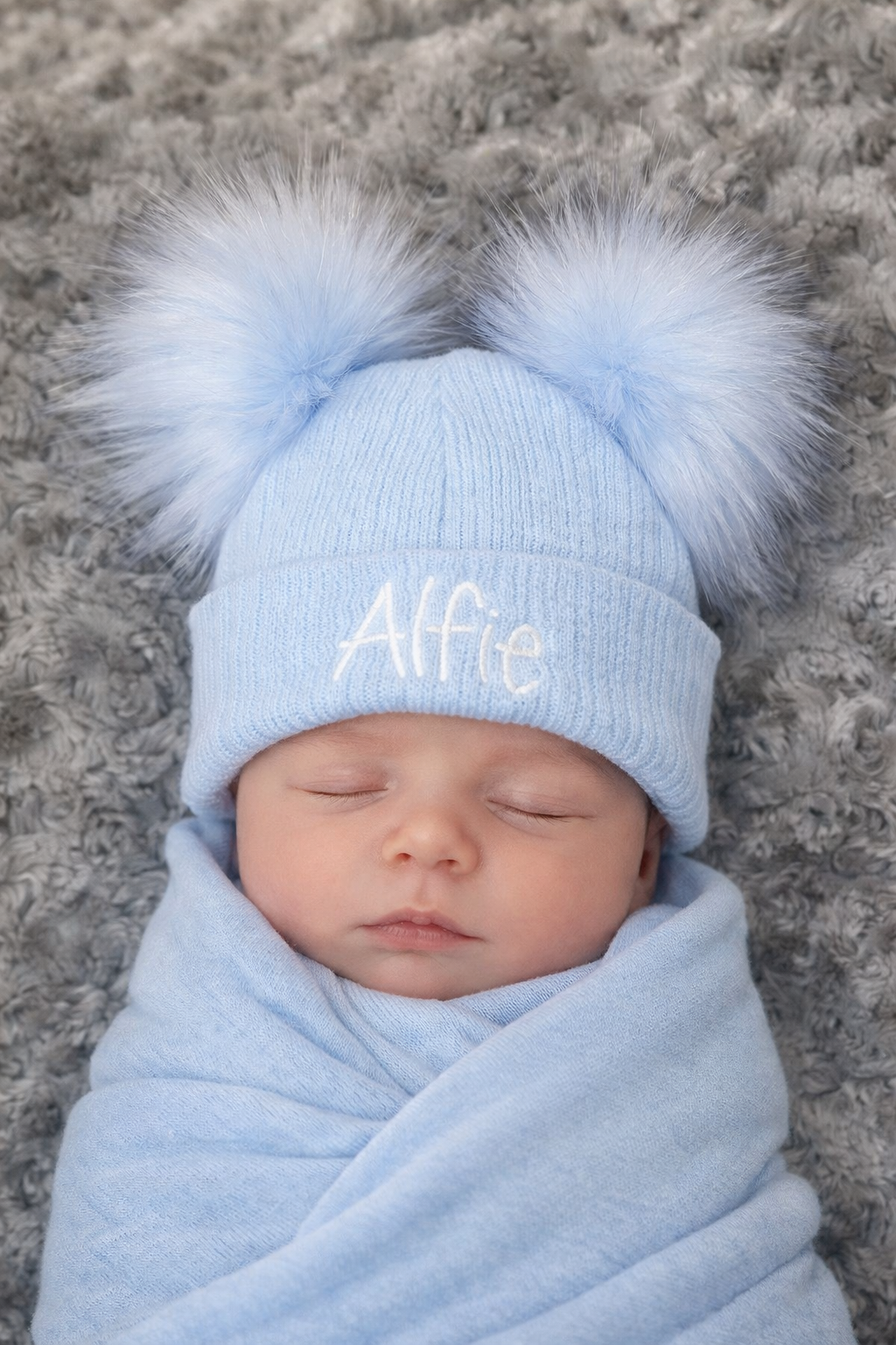 Blue baby personalised Double Pom hat - First Size