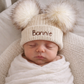 Beige baby personalised Double Pom hat - First Size