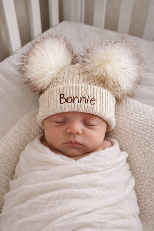 Beige baby personalised Double Pom hat - First Size