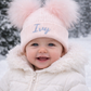 Pink kids personalised Double Pom hat - 3+ Months